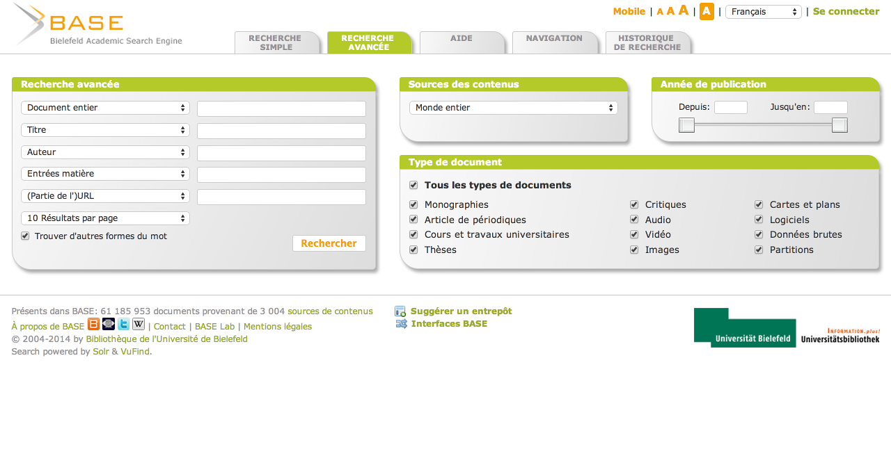 Le portail Bielefeld Academic Search Engine (BASE).