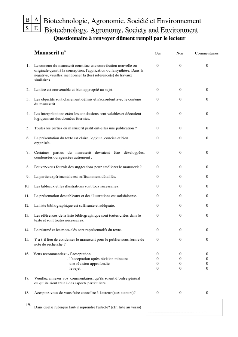 Le questionnaire utilisé pour la revue BASE.