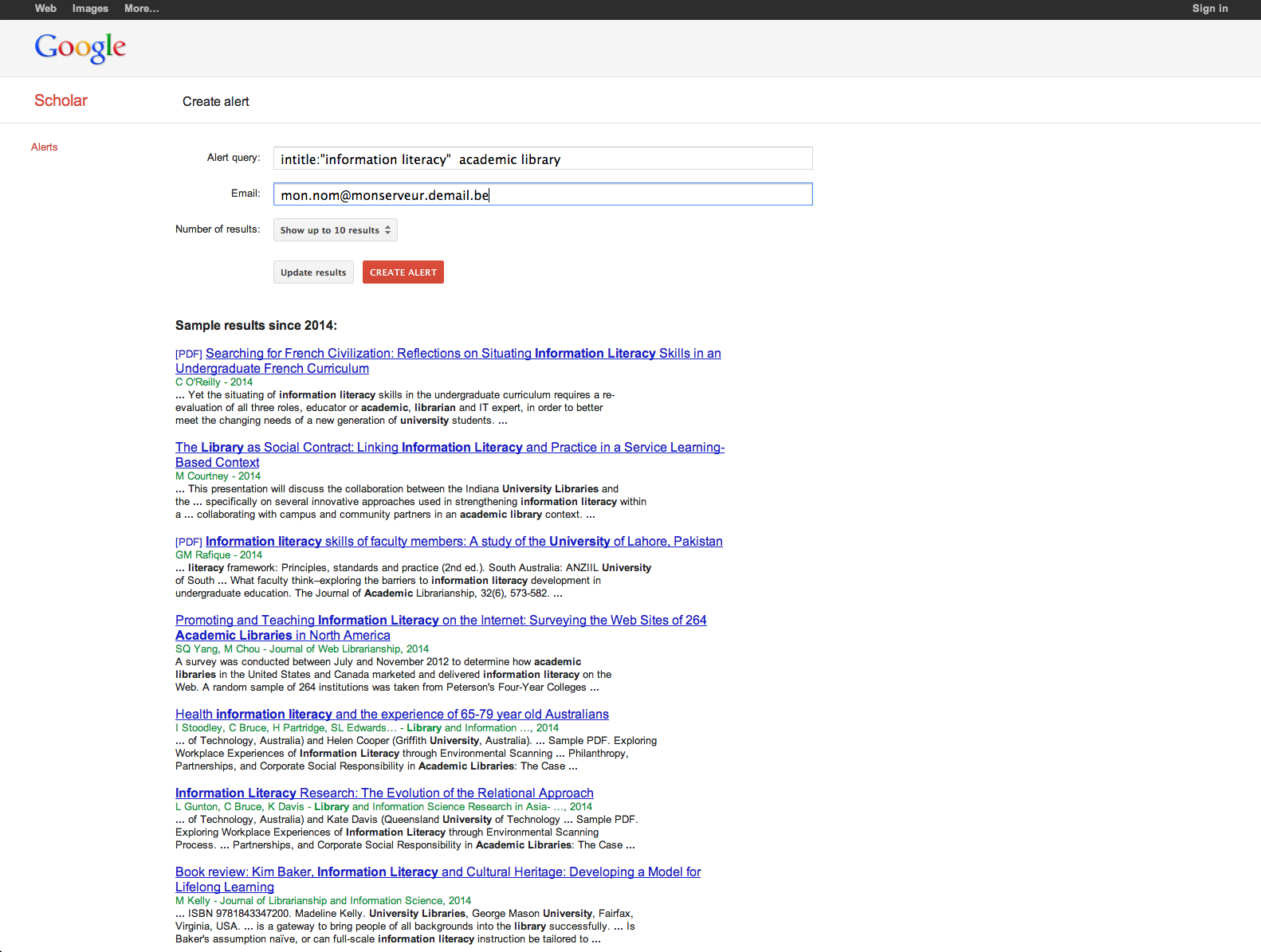Création d'une alerte avec Google Scholar.