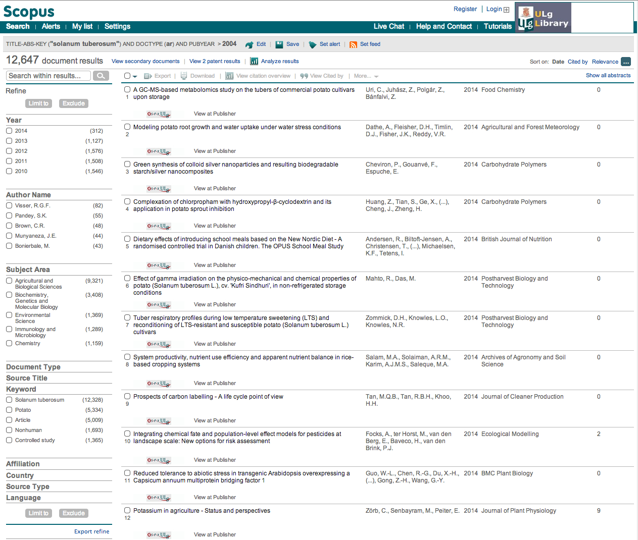 Exemple de facettes (à gauche de l'écran) proposées par Scopus.