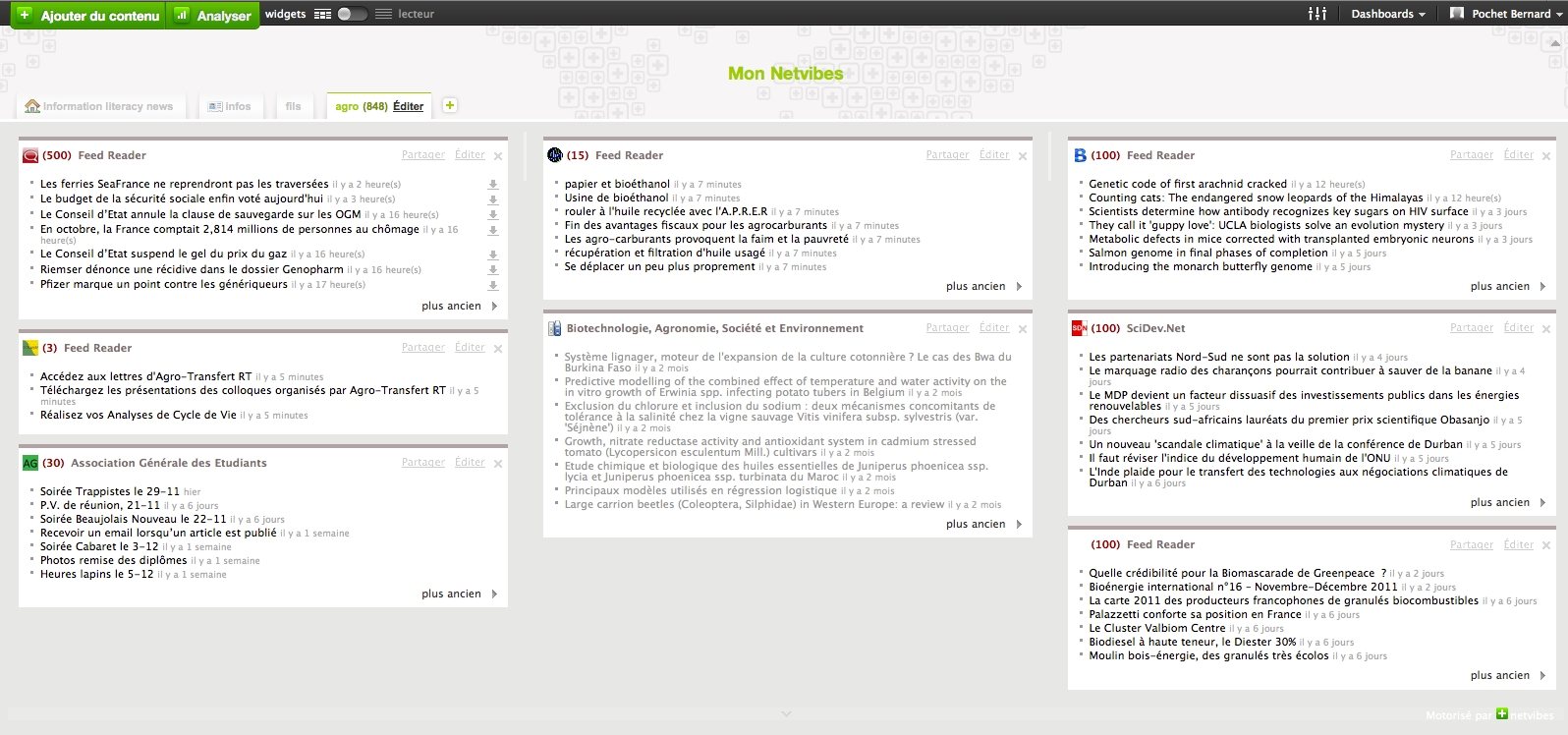 Un écran Netvibes avec plusieurs flux RSS.