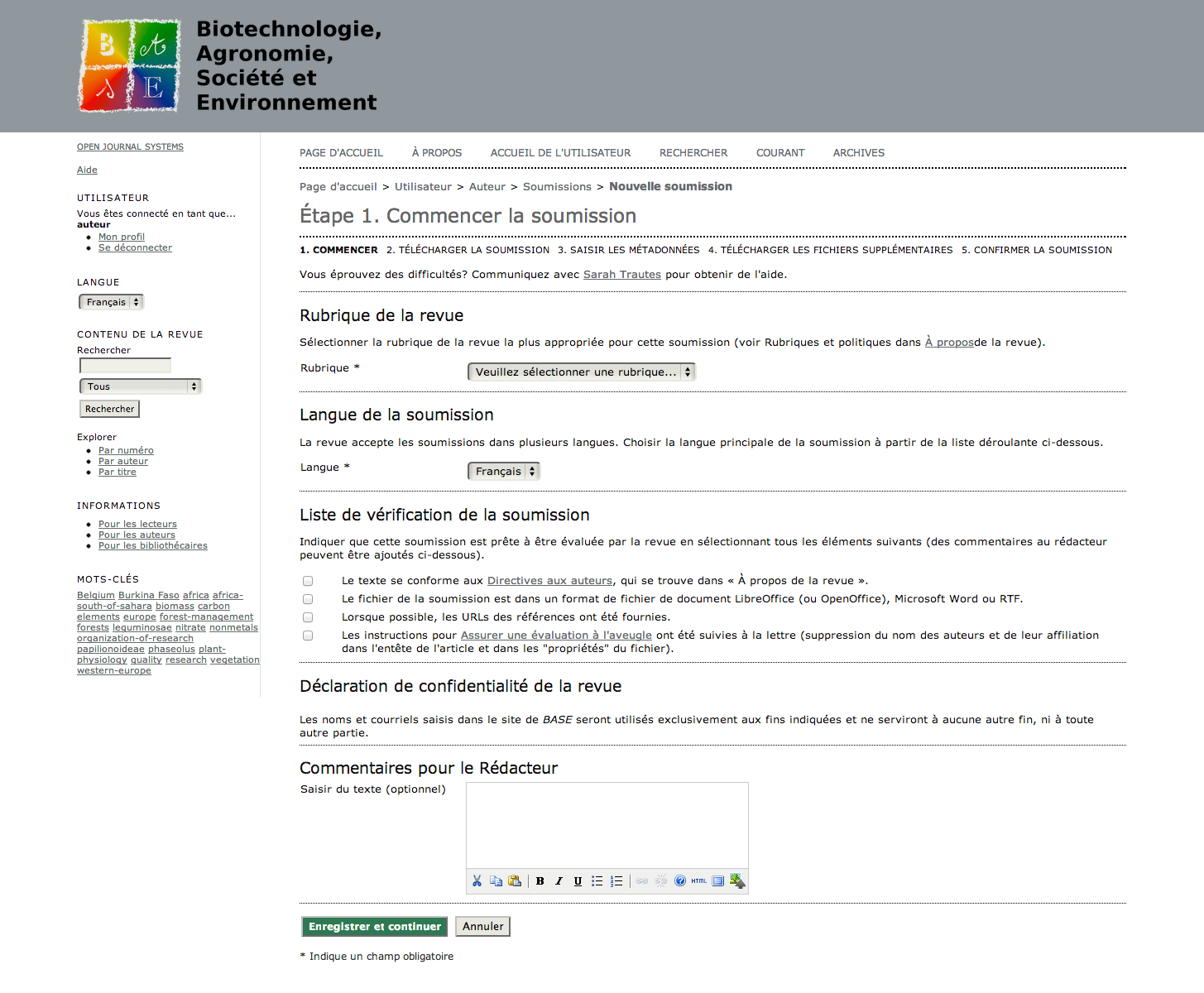 Écran pour la soumission électronique d'un article.